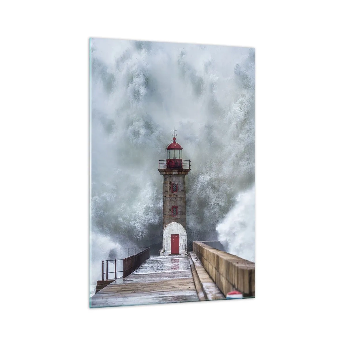 Cuadro sobre vidrio - Impresiones sobre Vidrio - Un faro rodeado de olas fuertes - 70x100cm - El rugido de las aguas, la fuerza del viento - Decoración de pared moderna para salón y dormitorio ARTTOR