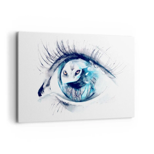 Cuadro sobre lienzo - Impresión de Imagen - Un ojo con la imagen de un búho en tonos de acuarela azul. - 120x80cm - Ojo con la naturaleza - Decoración de pared moderna para salón y dormitorio ARTTOR