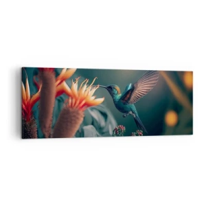 Cuadro sobre lienzo - Impresión de Imagen - Un colibrí colorido junto a las flores contra un fondo natural. - 140x50cm - Una vida verdaderamente colorida - Decoración de pared moderna para salón y dormitorio ARTTOR