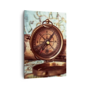 Cuadro sobre lienzo - Impresión de Imagen - Un conjunto retro con brújula, telescopio y mapa con temática de viajes. - 70x100cm - Te espera una aventura pirata en el Caribe - Decoración de pared moderna para salón y dormitorio ARTTOR