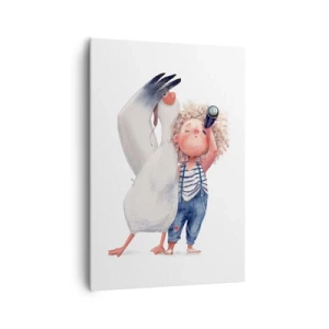 Cuadro sobre lienzo - Impresión de Imagen - Ilustración de un niño con un pelícano y un telescopio en la mano. - 70x100cm - Un plan para un gran viaje - Decoración de pared moderna para salón y dormitorio ARTTOR