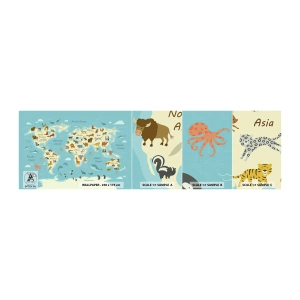 Muestra De Fotomural Standard Eco - Buenos vecinos - Mapa del mundo, Mapa con animales, animales - 100x30 cm