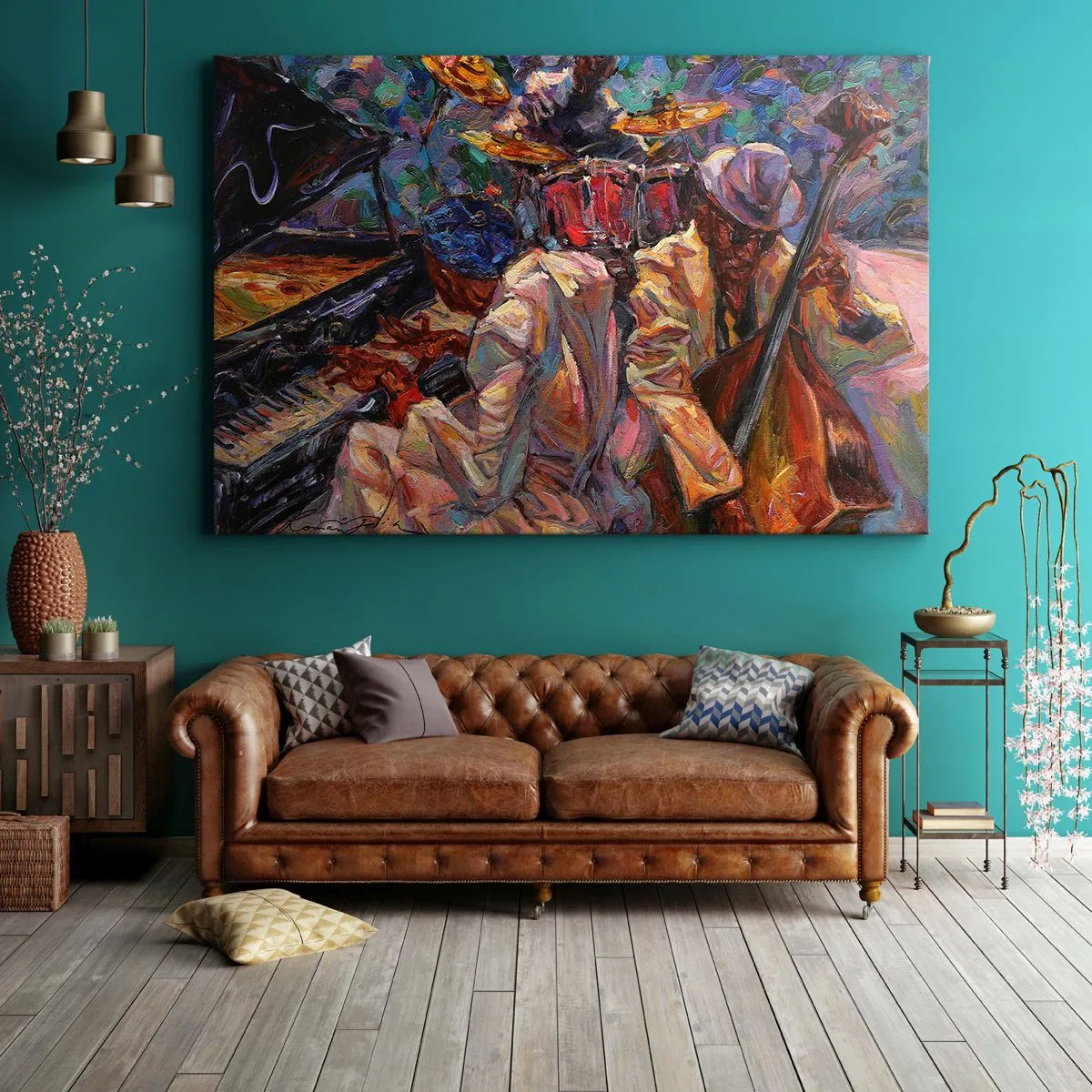 Cuadro sobre lienzo - Impresión de Imagen - Escena de jazz enérgica con músicos e instrumentos. - 120x80cm - En un ritmo mágico - Decoración de pared moderna para salón y dormitorio ARTTOR
