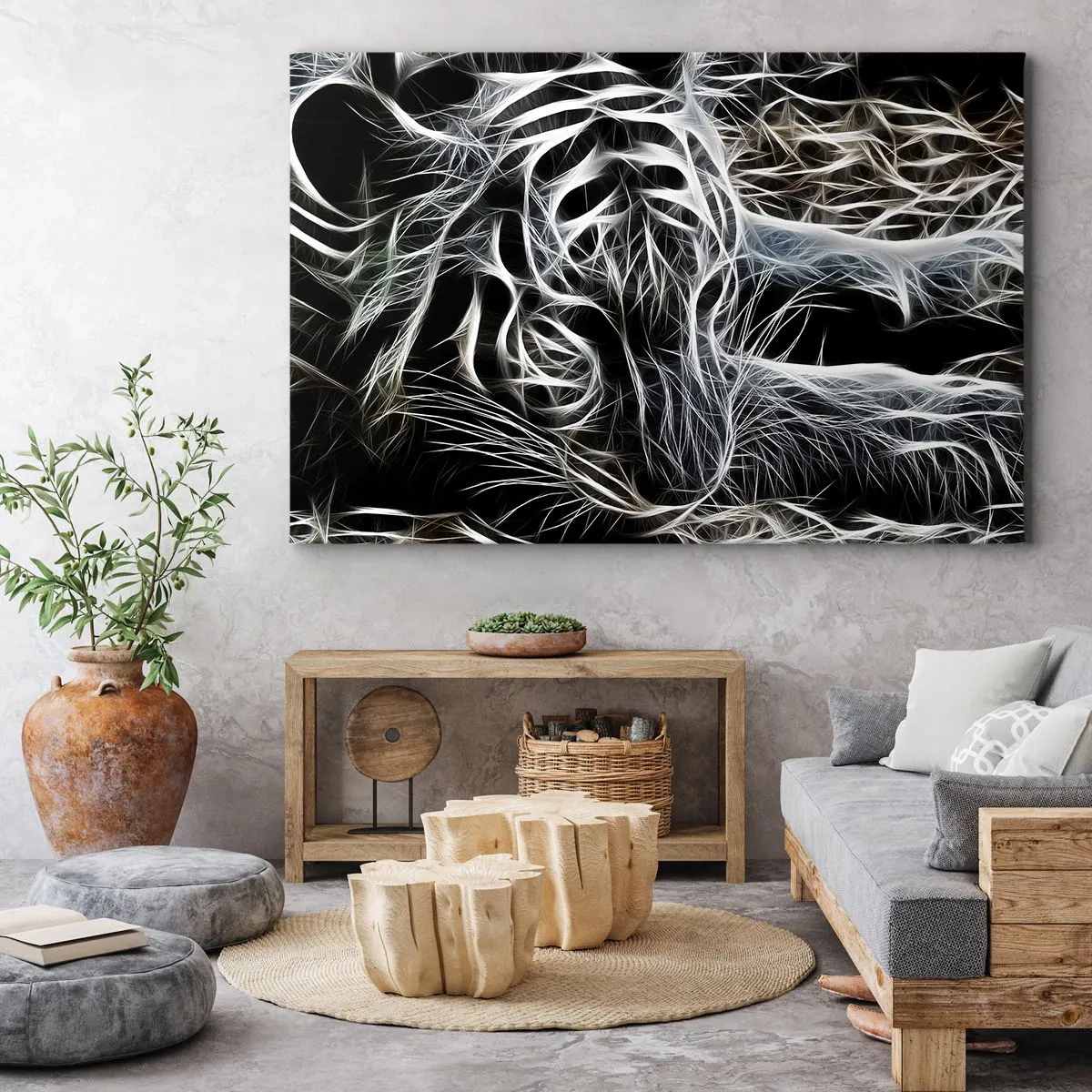 Cuadro sobre lienzo - Impresión de Imagen - Un patrón abstracto que representa la silueta de un gato sobre un fondo negro. - 70x50cm - Un estudio sobre la ligereza felina - Decoración de pared moderna para salón y dormitorio ARTTOR