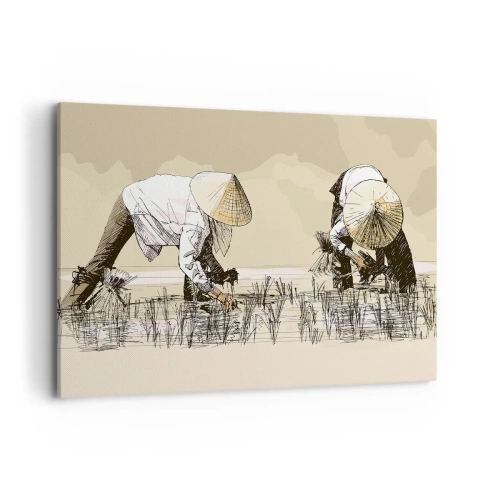 Cuadro sobre lienzo - Impresión de Imagen - Agricultores trabajando en un campo de arroz con sombreros tradicionales - 100x70cm - De una cosecha exitosa - Decoración de pared moderna para salón y dormitorio ARTTOR