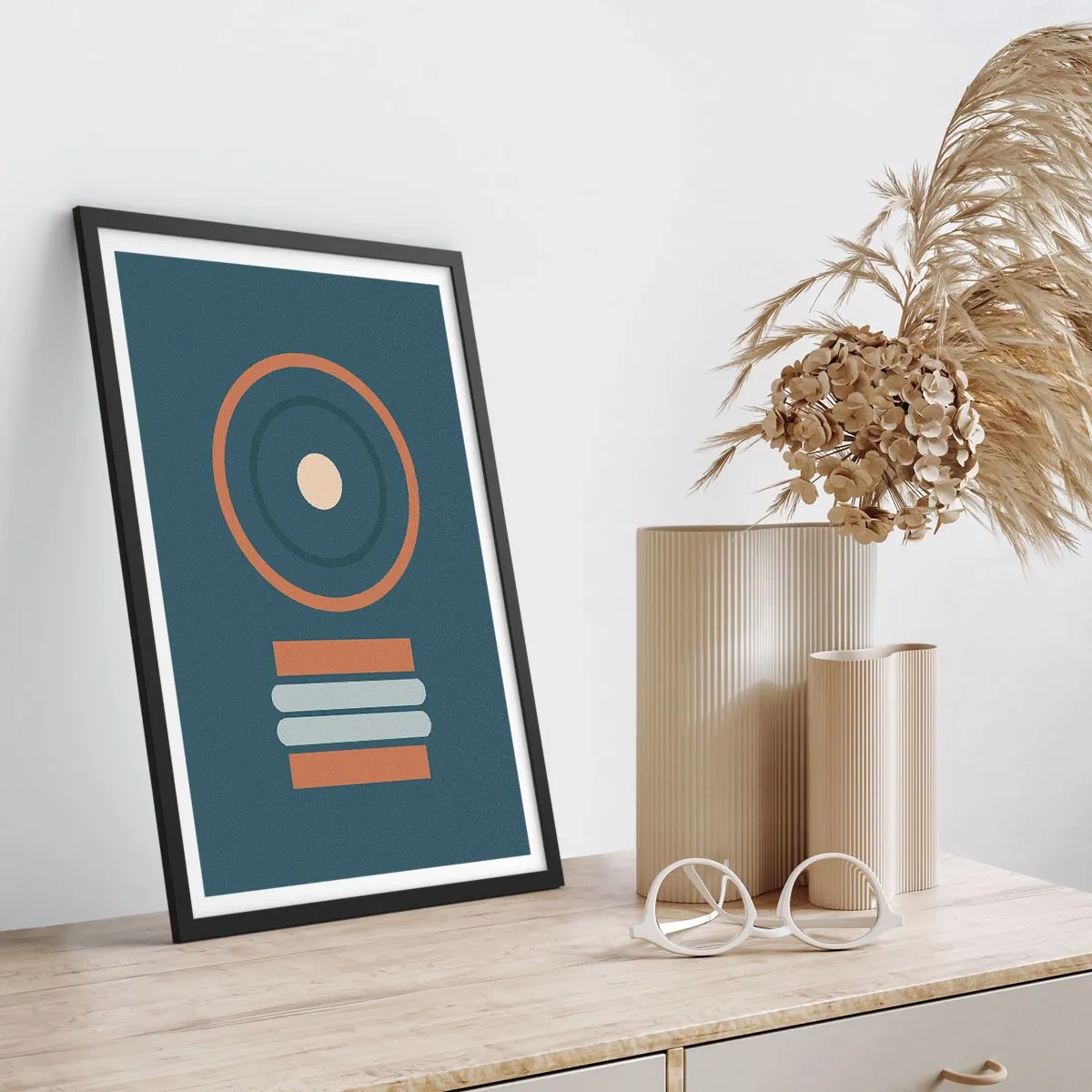 Póster en marco negro - Patrón geométrico con círculos y rectángulos en tonos azules y marrones. - 50x70cm - La esencia de las cosas - Decoración de pared moderna para salón y dormitorio ARTTOR