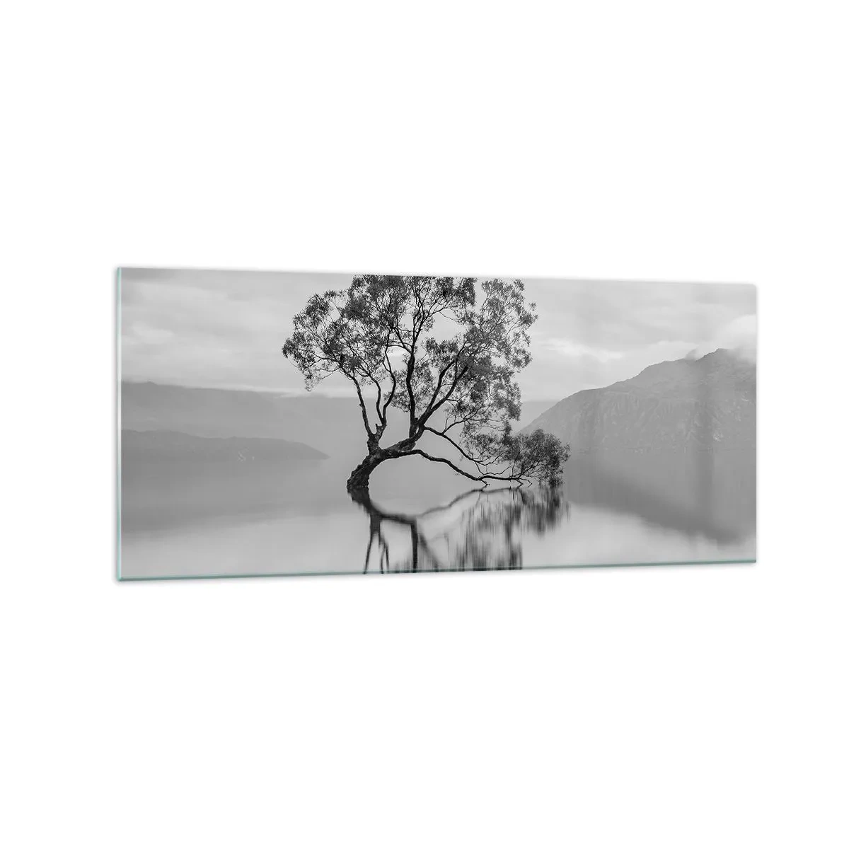 Cuadro sobre vidrio - Impresiones sobre Vidrio - Un árbol solitario reflejado en el agua con montañas al fondo. - 120x50cm - Existe tal lugar en el mundo - Decoración de pared moderna para salón y dormitorio ARTTOR