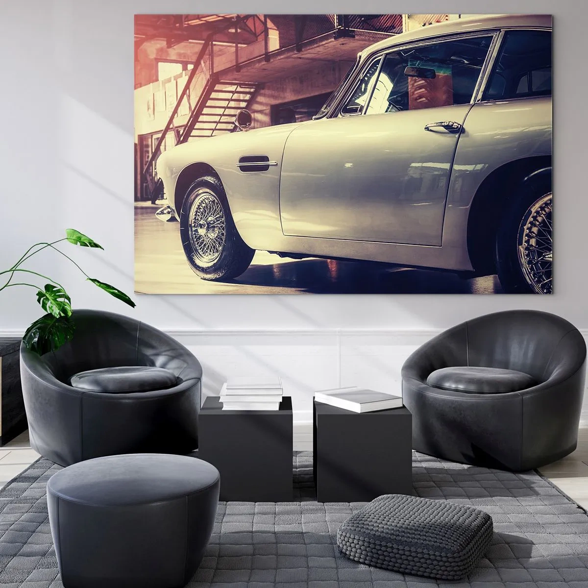 Cuadro sobre vidrio - Impresiones sobre Vidrio - Un coche clásico en un elegante interior de garaje. - 100x70cm - Los clásicos no envejecen - Decoración de pared moderna para salón y dormitorio ARTTOR