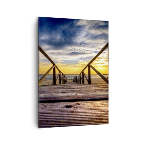 Cuadro sobre lienzo - Impresión de Imagen - Muelle de madera que conduce a la playa al atardecer - 50x70cm - Directamente hacia una playa tranquila al atardecer - Decoración de pared moderna para salón y dormitorio ARTTOR