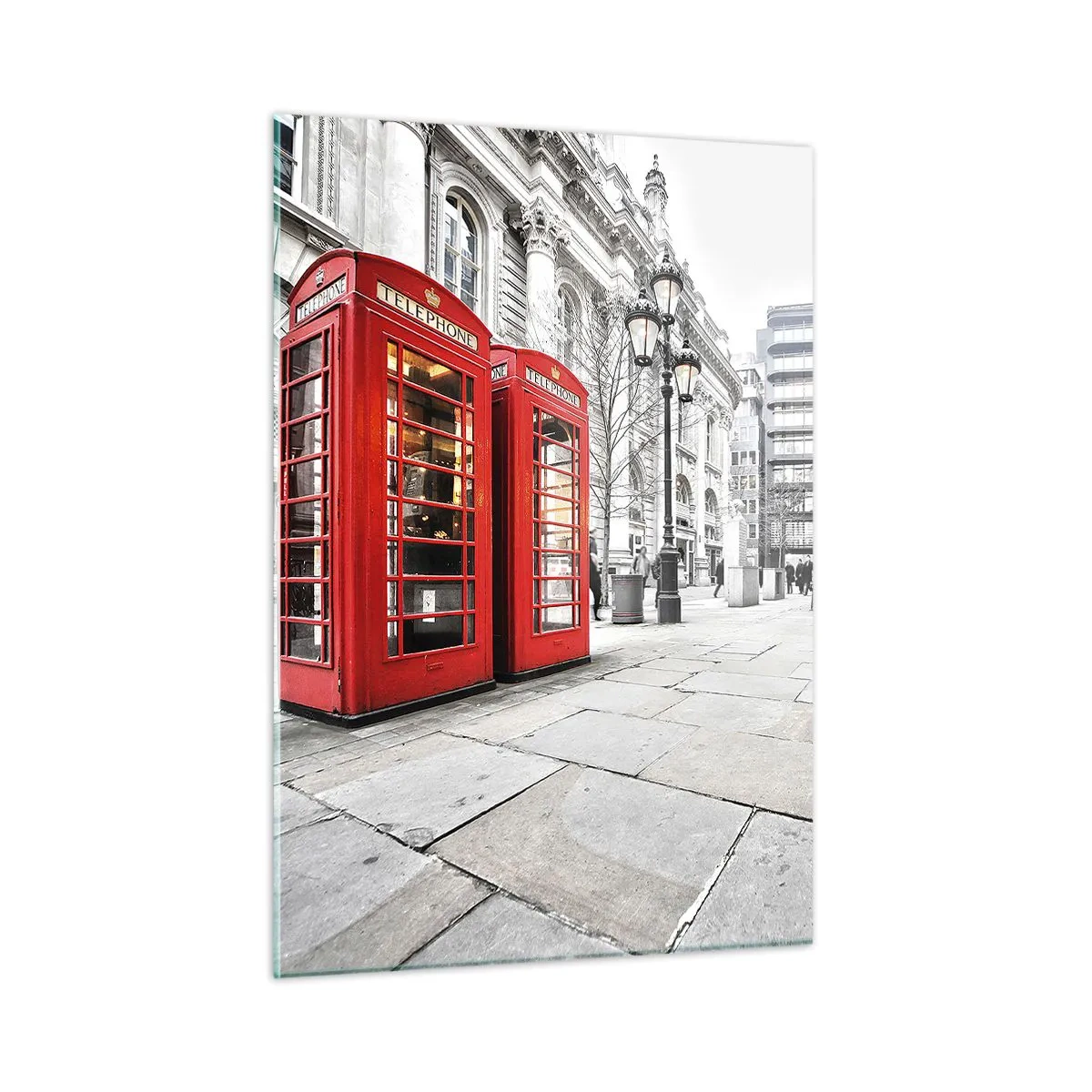Cuadro sobre vidrio - Impresiones sobre Vidrio - Cabinas telefónicas rojas con el telón de fondo de una calle de la ciudad - 50x70cm - Bienvenido a Londres - Decoración de pared moderna para salón y dormitorio ARTTOR