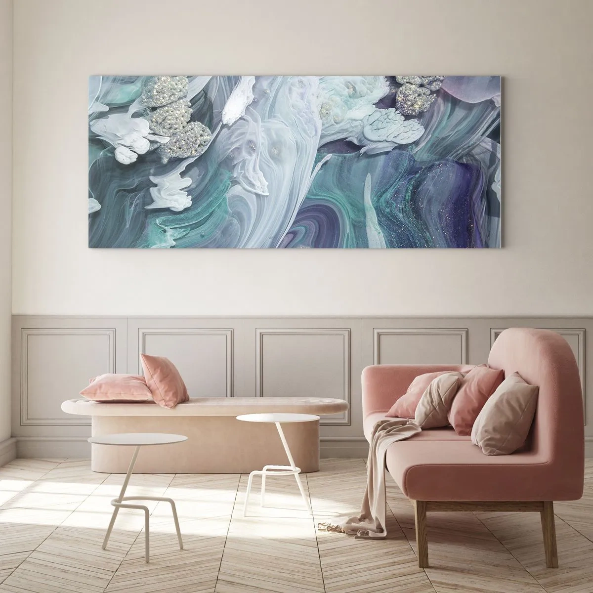 Cuadro sobre vidrio - Impresiones sobre Vidrio - Corrientes de azul - 100x40 cm