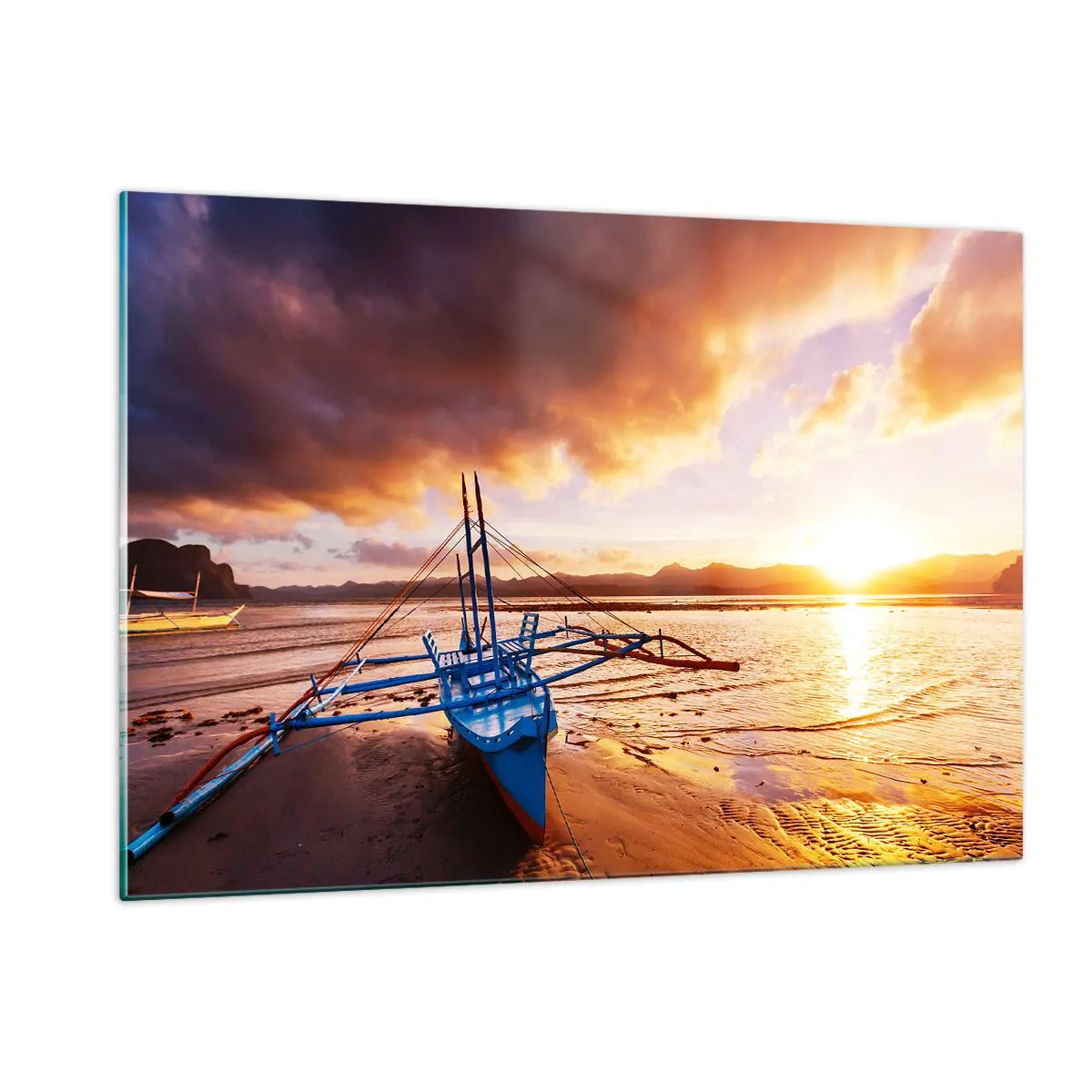 Cuadro sobre vidrio - Impresiones sobre Vidrio - Barco en la playa al atardecer con un cielo espectacular - 120x80cm - Después de un largo día, relájate en la arena - Decoración de pared moderna para salón y dormitorio ARTTOR