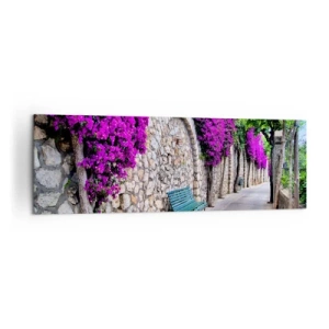 Cuadro sobre lienzo - Impresión de Imagen - Un camino de piedra con un banco y flores moradas en flor. - 160x50cm - Punto de reunión - Decoración de pared moderna para salón y dormitorio ARTTOR