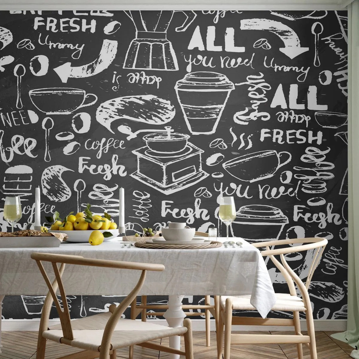 Fotomural Premium Canvas - Gráficos de café elegantes sobre un fondo negro. - 100x70cm - All you need is… - Decoración de pared moderna para salón y dormitorio ARTTOR