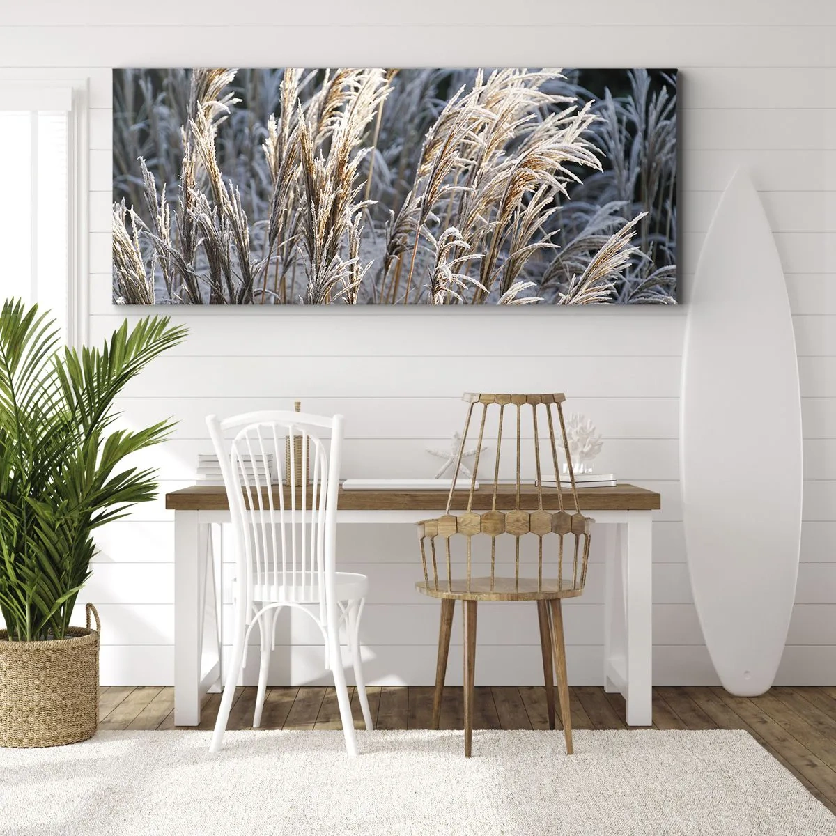 Cuadro sobre lienzo - Impresión de Imagen - Hojas de hierba invernales cubiertas de escarcha sobre un fondo verde oscuro - 160x50cm - Campos y campos - Decoración de pared moderna para salón y dormitorio ARTTOR