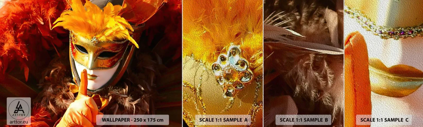 Muestra de fotomural Premium Sand - El misterio es parte del juego - máscara veneciana, Pedazo, Venecia - 100x30 cm