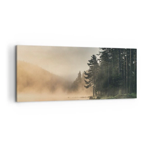 Cuadro sobre lienzo - Impresión de Imagen - Un bosque brumoso sobre un lago tranquilo. - 120x50cm - El nacimiento de un día - Decoración de pared moderna para salón y dormitorio ARTTOR