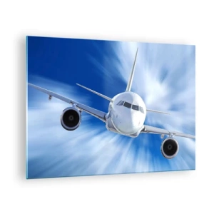 Cuadro sobre vidrio - Impresiones sobre Vidrio - Un avión de pasajeros contra un cielo azul dinámico. - 70x50cm - Más rápido que el viento en el cielo - Decoración de pared moderna para salón y dormitorio ARTTOR