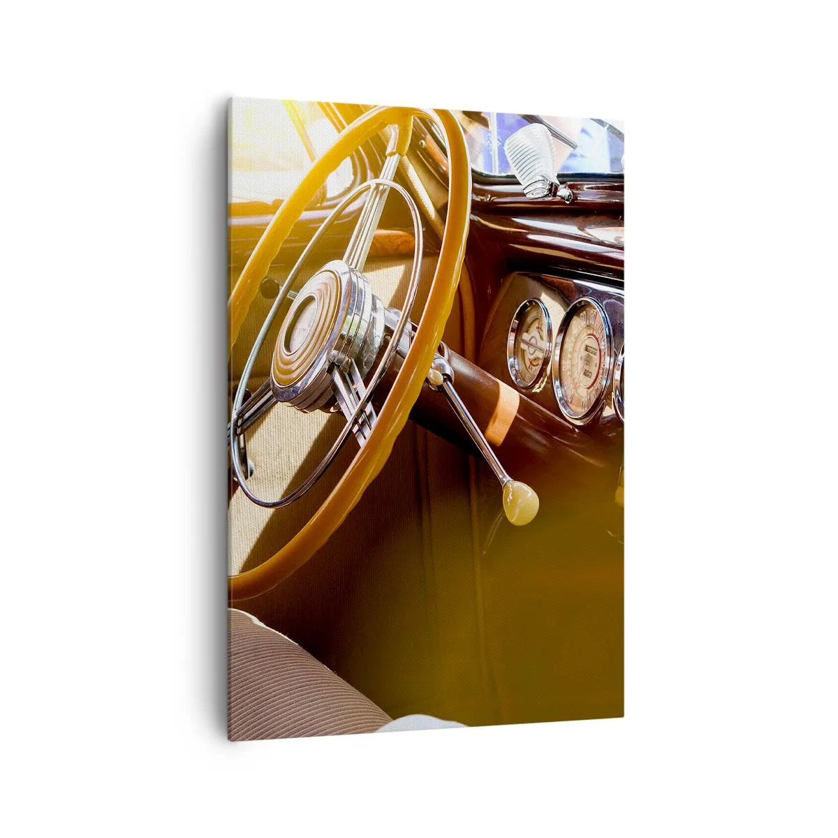 Cuadro sobre lienzo - Impresión de Imagen - Primer plano del interior de un coche clásico con detalles en madera y cromo. - 70x100cm - Un soplo de lujo del pasado - Decoración de pared moderna para salón y dormitorio ARTTOR
