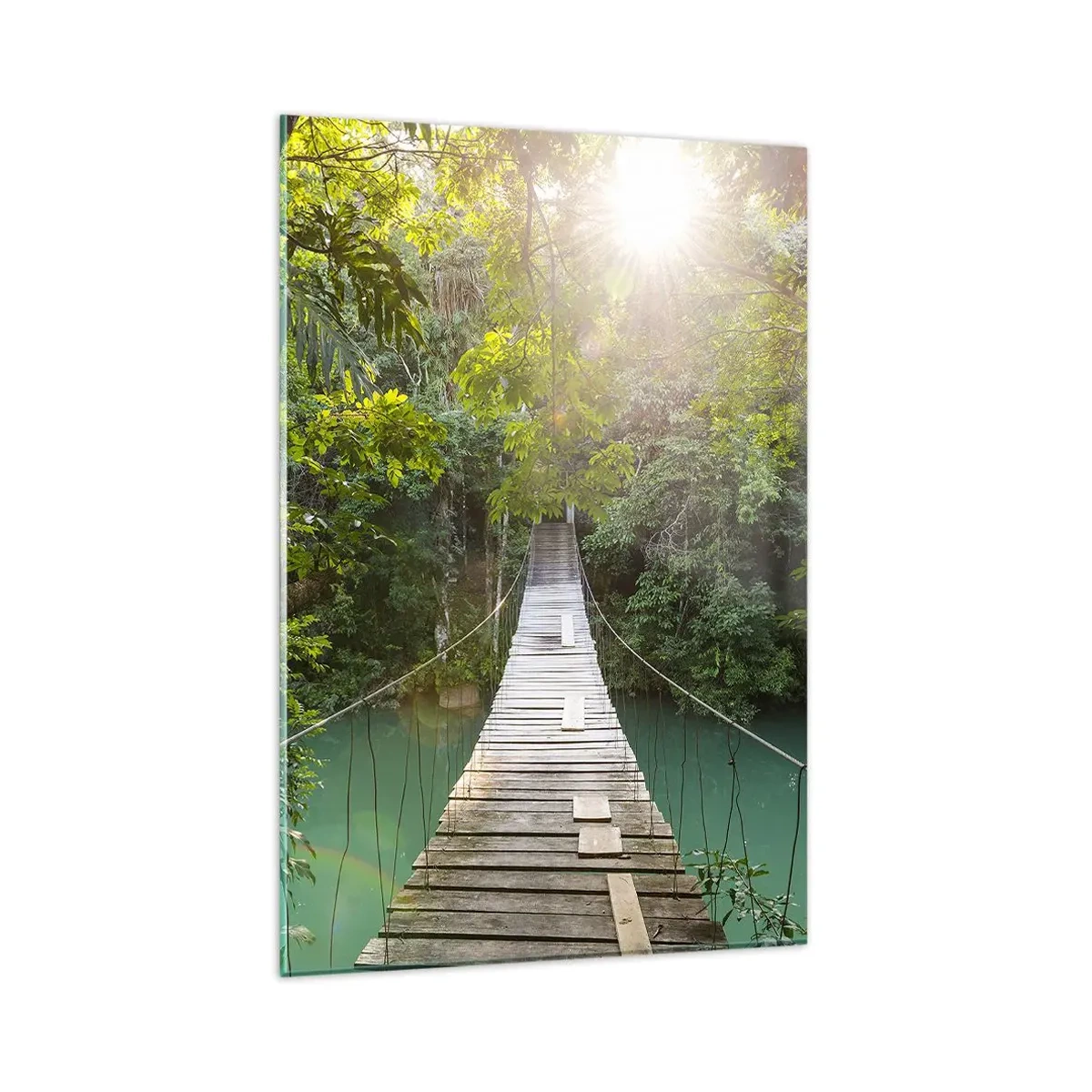 Cuadro sobre vidrio - Impresiones sobre Vidrio - Un puente colgante en un bosque tropical iluminado por la luz del sol. - 80x120cm - Sobre el agua azul hacia el bosque - Decoración de pared moderna para salón y dormitorio ARTTOR