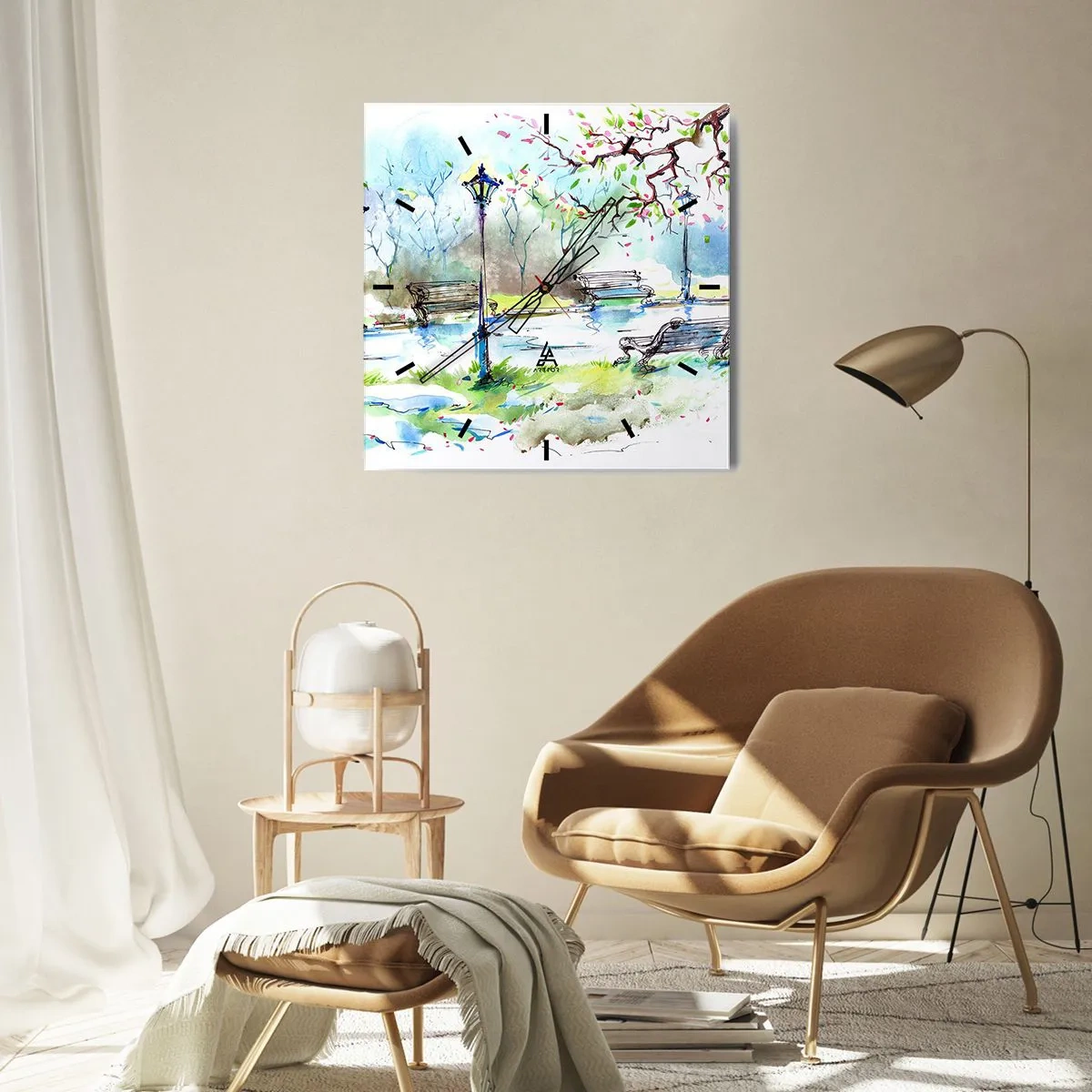 Reloj de pared - Reloj de vidrio - Escena de parque de acuarela con bancos y lámparas. - 30x30cm - El encanto del silencio del parque - Decoración de pared moderna para salón y dormitorio ARTTOR
