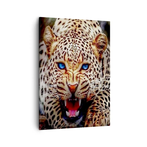 Cuadro sobre lienzo - Impresión de Imagen - Un leopardo amenazante con intensos ojos azules. - 50x70cm - La ira no daña la belleza - Decoración de pared moderna para salón y dormitorio ARTTOR