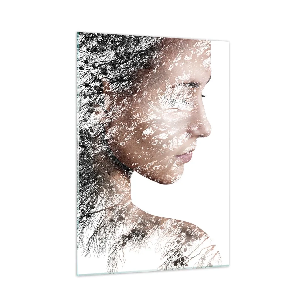 Cuadro sobre vidrio - Impresiones sobre Vidrio - Retrato de una mujer con ramas al fondo - 50x70cm - Espíritu del bosque - Decoración de pared moderna para salón y dormitorio ARTTOR