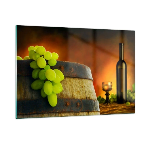 Cuadro sobre vidrio - Impresiones sobre Vidrio - Uvas en un barril en un entorno rústico con vino de fondo. - 120x80cm - Bodegón con botella de vino y racimo de uvas - Decoración de pared moderna para salón y dormitorio ARTTOR