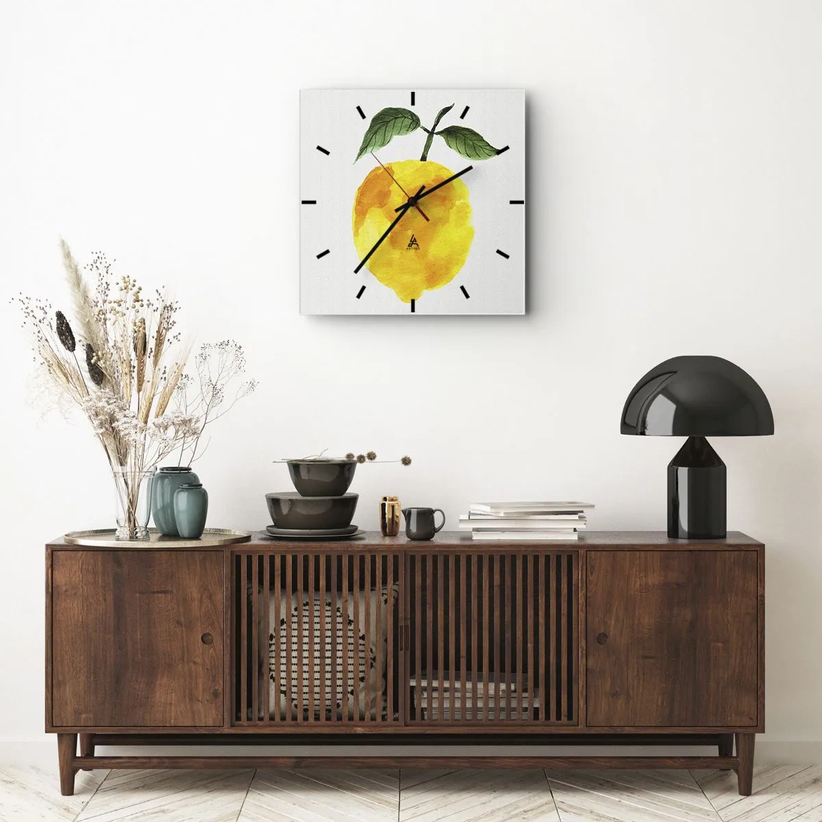 Reloj de pared - Reloj de vidrio - Limón de acuarela con hojas verdes sobre un fondo claro. - 30x30cm - Cómo conocer el sabor del sol - Decoración de pared moderna para salón y dormitorio ARTTOR