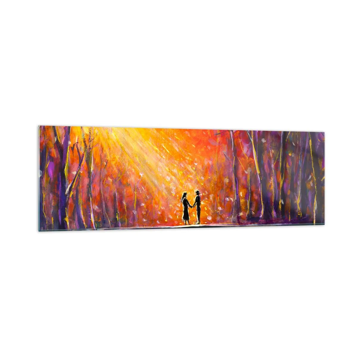 Cuadro sobre vidrio - Impresiones sobre Vidrio - Pareja romántica en un puente en el bosque otoñal - 160x50cm - El cielo también los ama - Decoración de pared moderna para salón y dormitorio ARTTOR