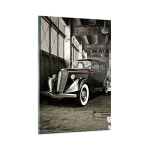 Cuadro sobre vidrio - Impresiones sobre Vidrio - Un elegante coche retro en un almacén rústico - 80x120cm - La elegancia perdurable de los años 30. - Decoración de pared moderna para salón y dormitorio ARTTOR