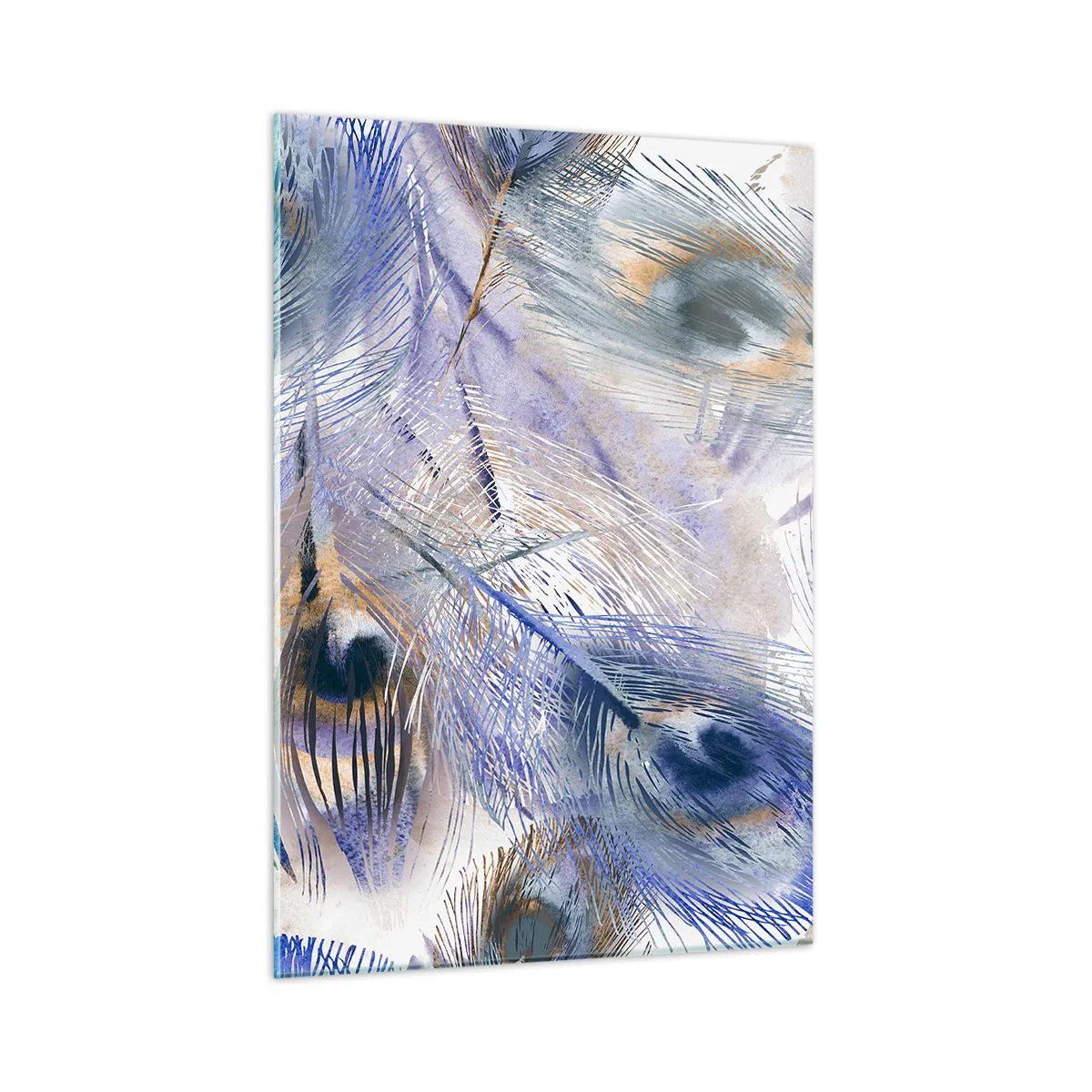Cuadro sobre vidrio - Impresiones sobre Vidrio - Delicadas plumas de pavo real en tonos azules y marrones. - 50x70cm - Composición - Decoración de pared moderna para salón y dormitorio ARTTOR