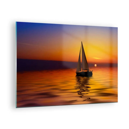 Cuadro sobre vidrio - Impresiones sobre Vidrio - Un velero en el agua al atardecer. - 70x50cm - Qué tranquilo el anochecer… - Decoración de pared moderna para salón y dormitorio ARTTOR
