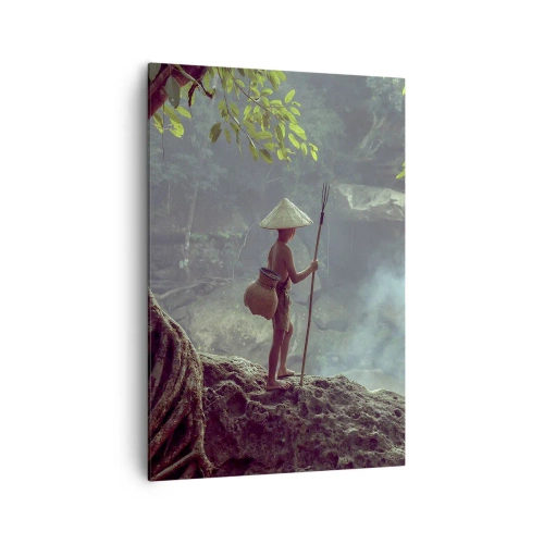 Cuadro sobre lienzo - Impresión de Imagen - Una figura con una lanza en una cascada en un bosque tropical. - 70x100cm - Amistad con la naturaleza - Decoración de pared moderna para salón y dormitorio ARTTOR