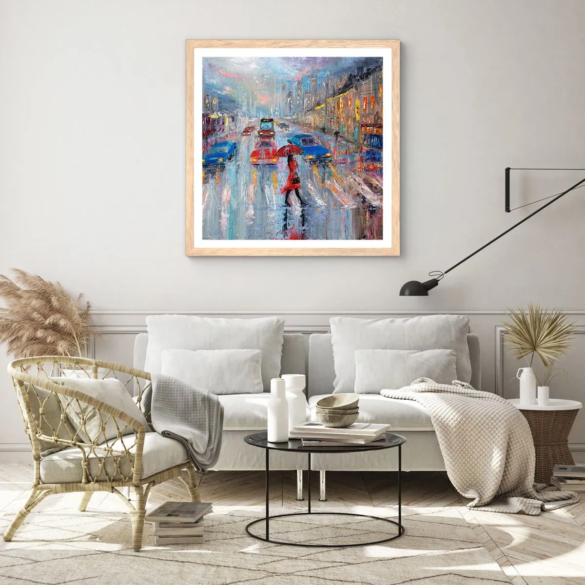 Póster en marco roble claro - Una tarde de lluvia en la ciudad - 50x50 cm