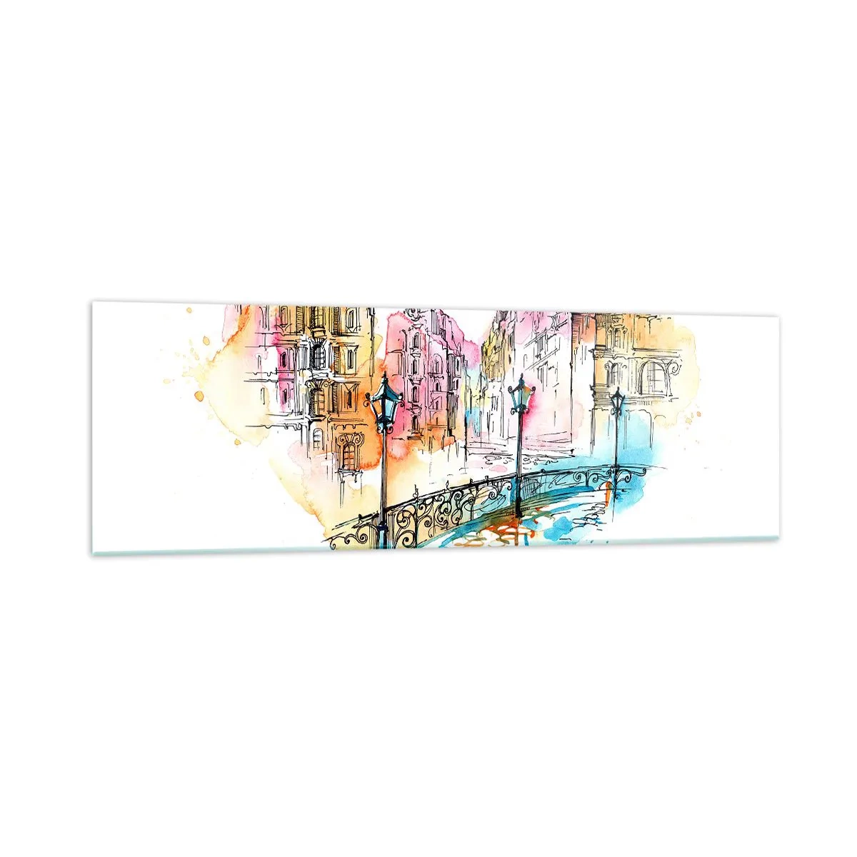 Cuadro sobre vidrio - Impresiones sobre Vidrio - Acuarela de un puente y casas de vecindad en forma de corazón - 160x50cm - El corazón de la ciudad - Decoración de pared moderna para salón y dormitorio ARTTOR