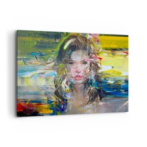 Cuadro sobre lienzo - Impresión de Imagen - Retrato abstracto de una mujer en colores intensos. - 100x70cm - Tras el velo del aire - Decoración de pared moderna para salón y dormitorio ARTTOR