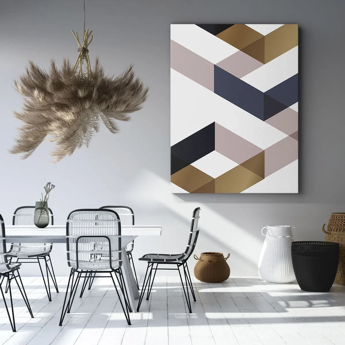 Cuadro sobre lienzo - Impresión de Imagen - Patrones geométricos en tonos dorados y azul marino. - 50x70cm - Rectas y ángulos - Decoración de pared moderna para salón y dormitorio ARTTOR