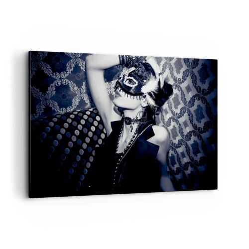 Cuadro sobre lienzo - Impresión de Imagen - Una mujer con una máscara veneciana sobre un fondo de patrones ornamentados. - 120x80cm - Decoraciones, adornos, patrones... - Decoración de pared moderna para salón y dormitorio ARTTOR