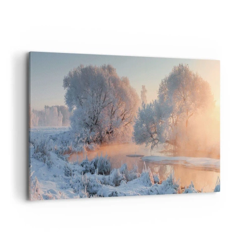Cuadro sobre lienzo - Impresión de Imagen - Paisaje invernal con árboles cubiertos de nieve y una puesta de sol. - 120x80cm - Brillo cristalino - Decoración de pared moderna para salón y dormitorio ARTTOR
