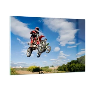Cuadro sobre vidrio - Impresiones sobre Vidrio - Un motociclista en vuelo contra un cielo azul. - 120x80cm - Salto del cielo - Decoración de pared moderna para salón y dormitorio ARTTOR