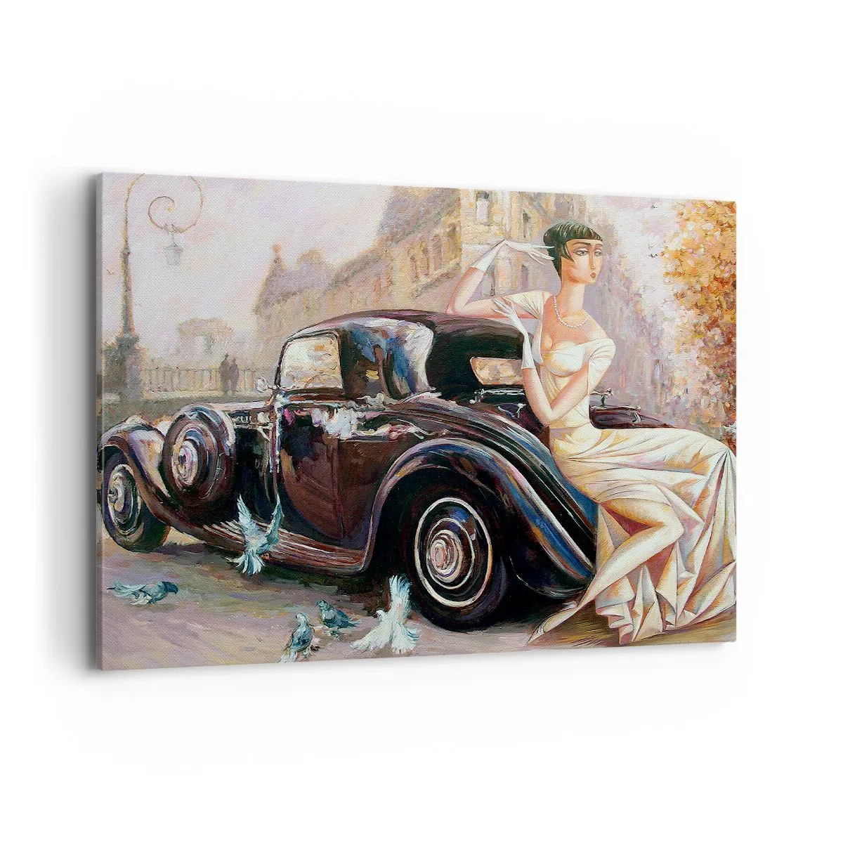 Cuadro sobre lienzo - Impresión de Imagen - Mujer retro junto a un coche clásico - 100x70cm - Elegancia retro - Decoración de pared moderna para salón y dormitorio ARTTOR