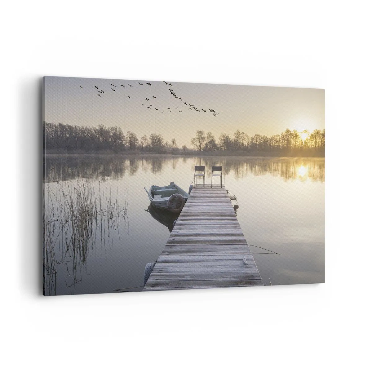 Cuadro sobre lienzo - Impresión de Imagen - Un muelle junto al lago por la mañana con un barco y sillas. - 100x70cm - Volveré en un rato - Decoración de pared moderna para salón y dormitorio ARTTOR