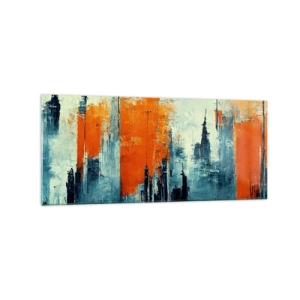 Cuadro sobre vidrio - Impresiones sobre Vidrio - Paisaje urbano abstracto en tonos naranja y azul. - 120x50cm - Paisaje moderno - Decoración de pared moderna para salón y dormitorio ARTTOR