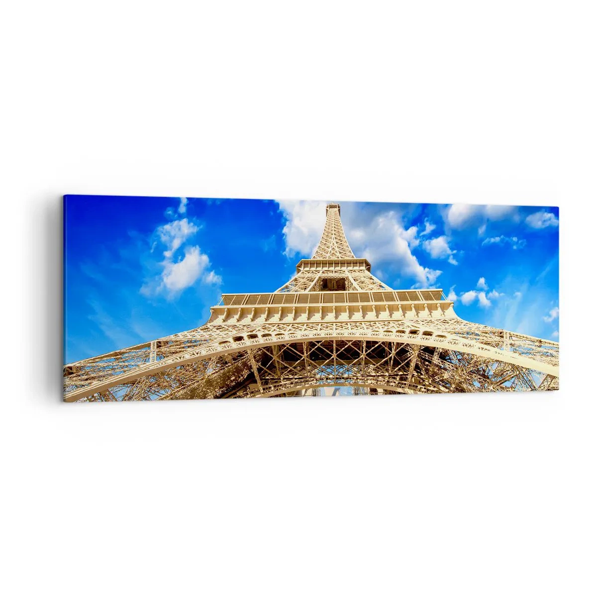Cuadro sobre lienzo - Impresión de Imagen - La Torre Eiffel desde abajo contra un cielo azul - 140x50cm - Alcanzando el cielo y las nubes - Decoración de pared moderna para salón y dormitorio ARTTOR