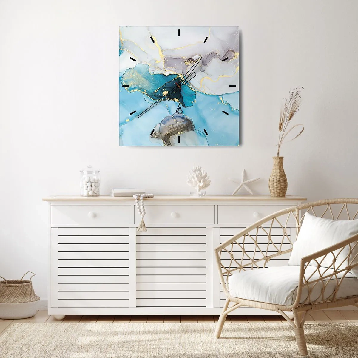 Reloj de pared - Reloj de vidrio - Un estudio del encuentro entre el gris y el turquesa - 30x30 cm