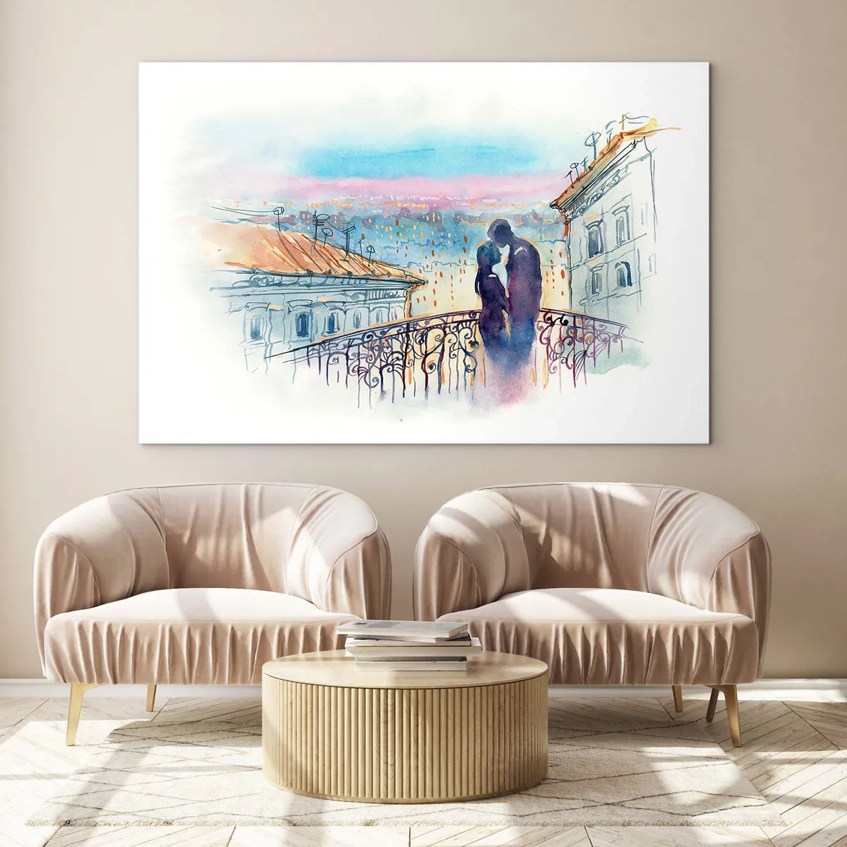 Cuadro sobre vidrio - Impresiones sobre Vidrio - Pareja en el balcón disfrutando de una romántica puesta de sol - 70x50cm - Los amantes de París - Decoración de pared moderna para salón y dormitorio ARTTOR