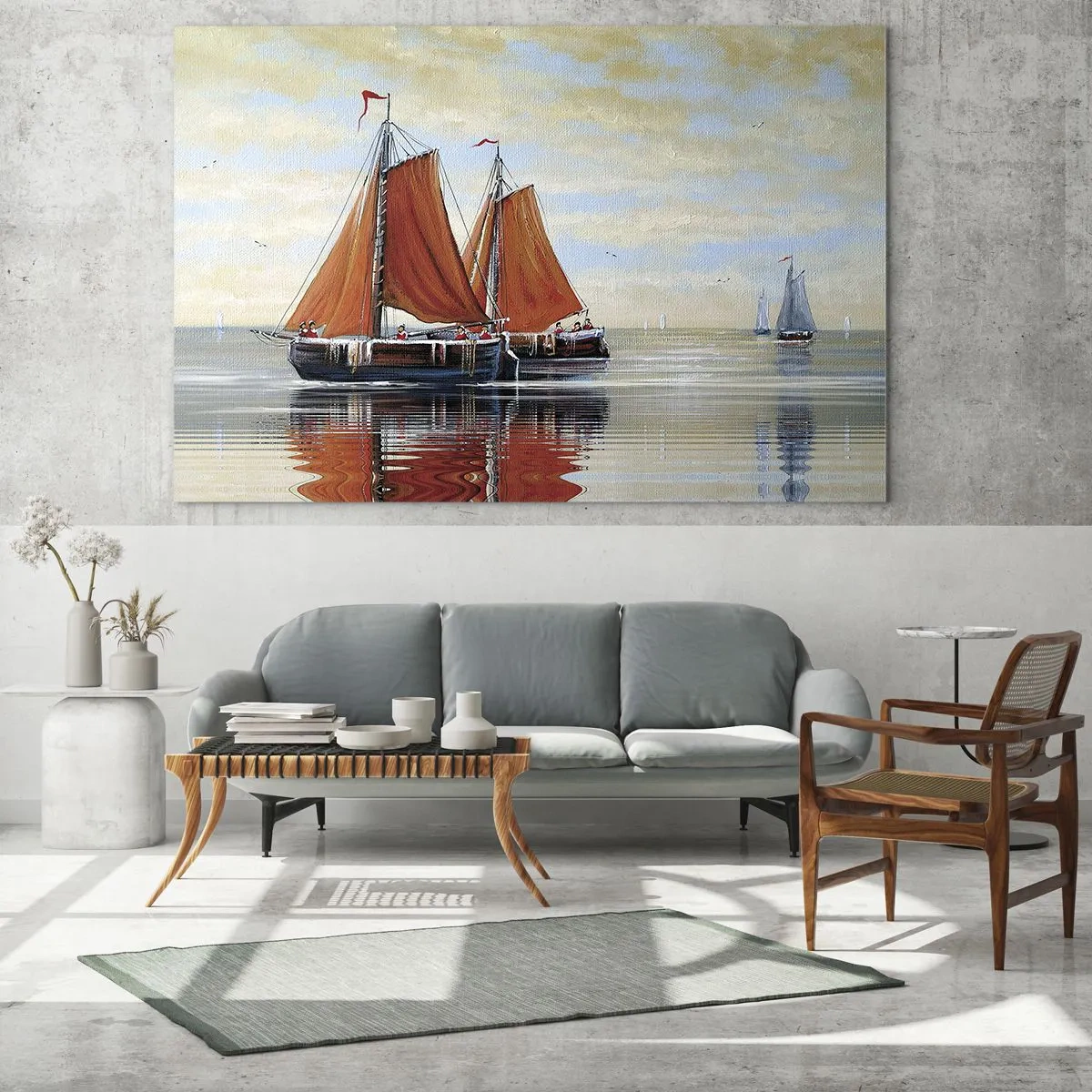 Cuadro sobre vidrio - Impresiones sobre Vidrio - Barcos de vela en un mar tranquilo al atardecer - 70x50cm - Navega, marinero.... - Decoración de pared moderna para salón y dormitorio ARTTOR