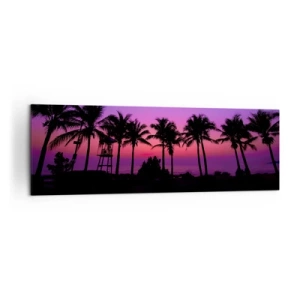 Cuadro sobre lienzo - Impresión de Imagen - Siluetas de palmeras contra un cielo de atardecer de color rosa y morado - 160x50cm - Atardecer bajo las palmeras - Decoración de pared moderna para salón y dormitorio ARTTOR