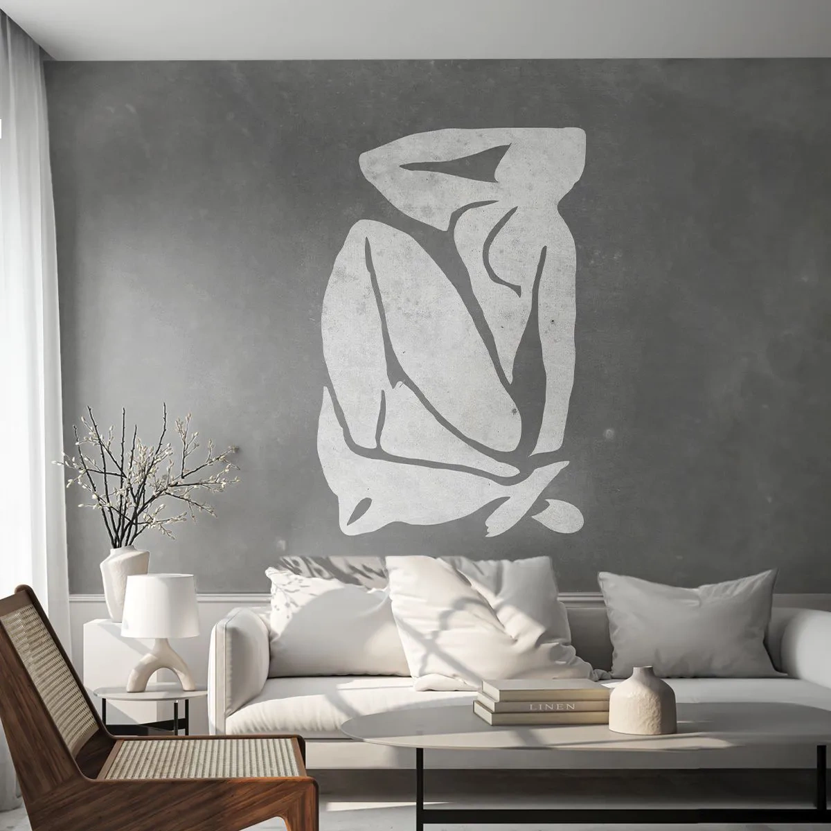 Fotomural Premium Sand - Silueta de una mujer sentada sobre un fondo gris - 100x70cm - En sus pensamientos - Decoración de pared moderna para salón y dormitorio ARTTOR